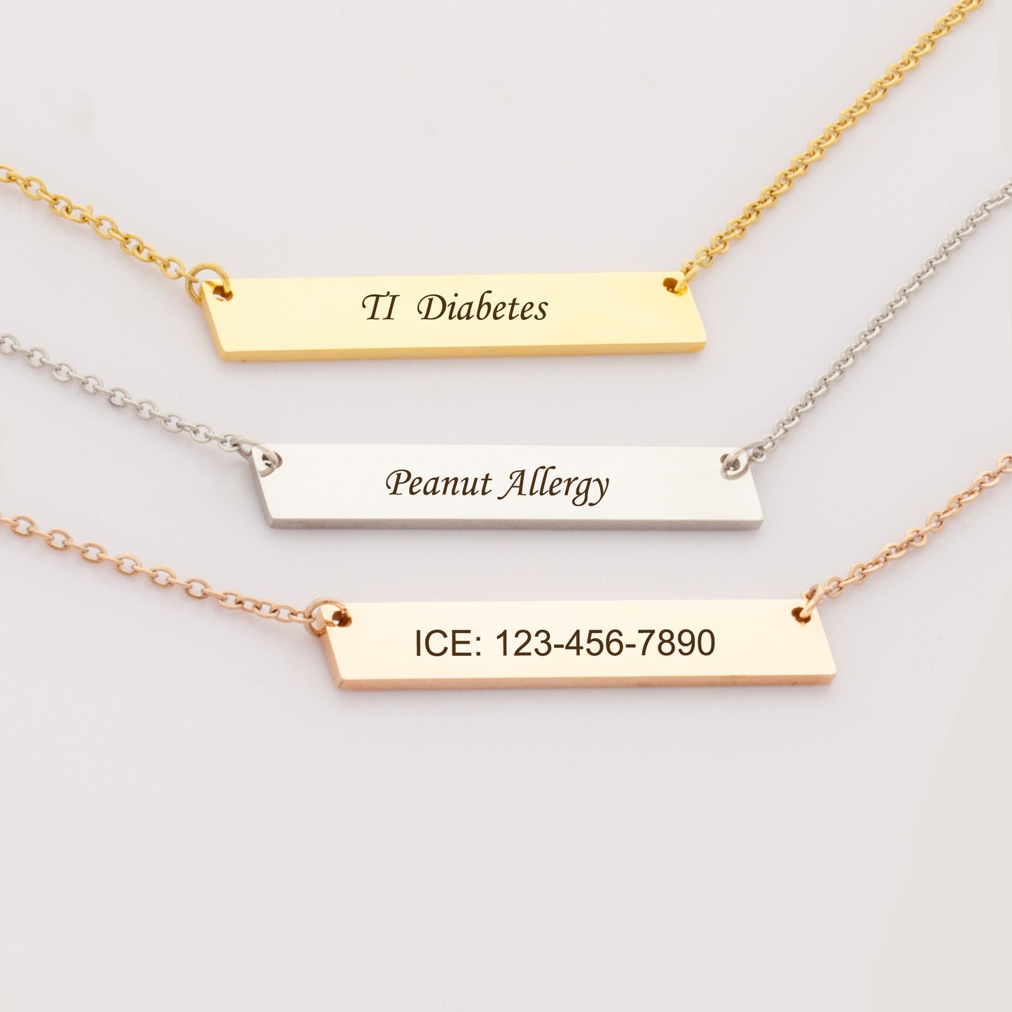 Personalized Medical Alert Bar Necklace, Custom Allergy Diabetes Emergency Alert Necklace