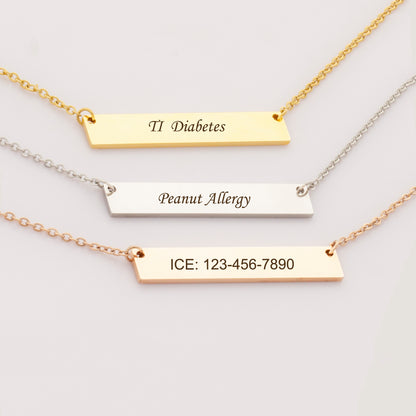 Personalized Medical Alert Bar Necklace, Custom Allergy Diabetes Emergency Alert Necklace