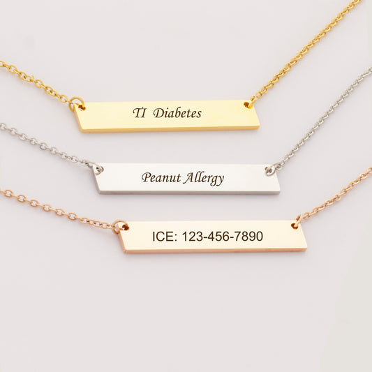 Personalized Medical Alert Bar Necklace, Custom Allergy Diabetes Emergency Alert Necklace