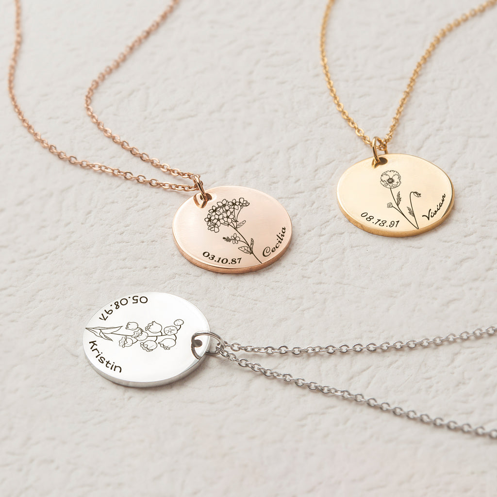 Birth Flower Name and Date Necklace